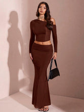 Women's Solid Color Asymmetric Neckline Long Sleeve Pleated Top + Long Skirt Set